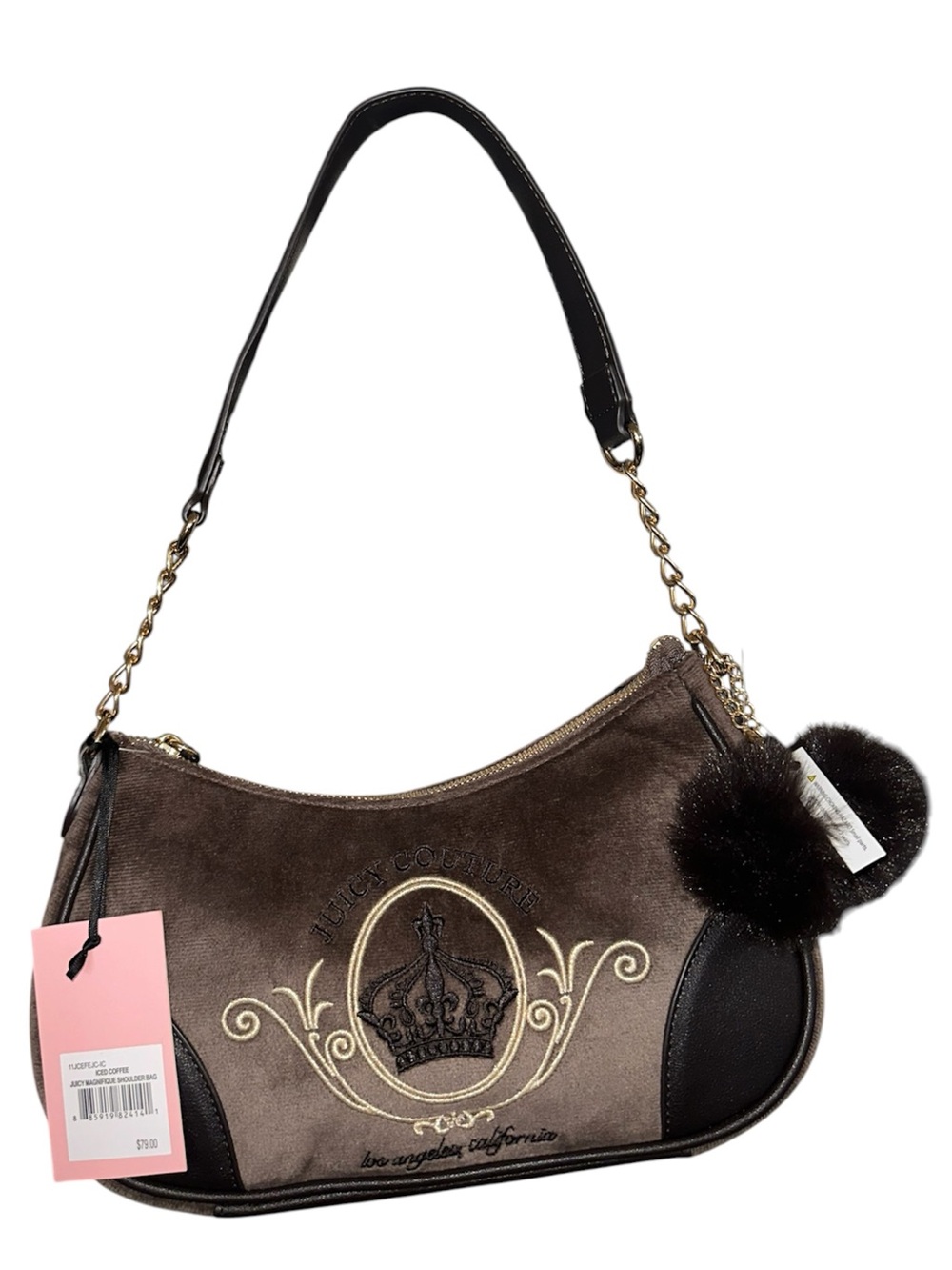 Juicy Couture Brown Velvet Shoulder Bag with Gold Crown Embroidery